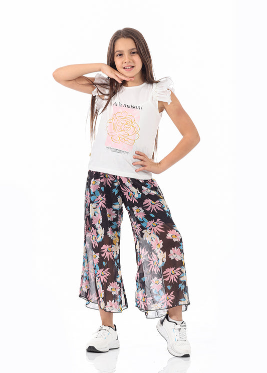 Casual Wide Leg Multi-Colors Florid Pants For Girls