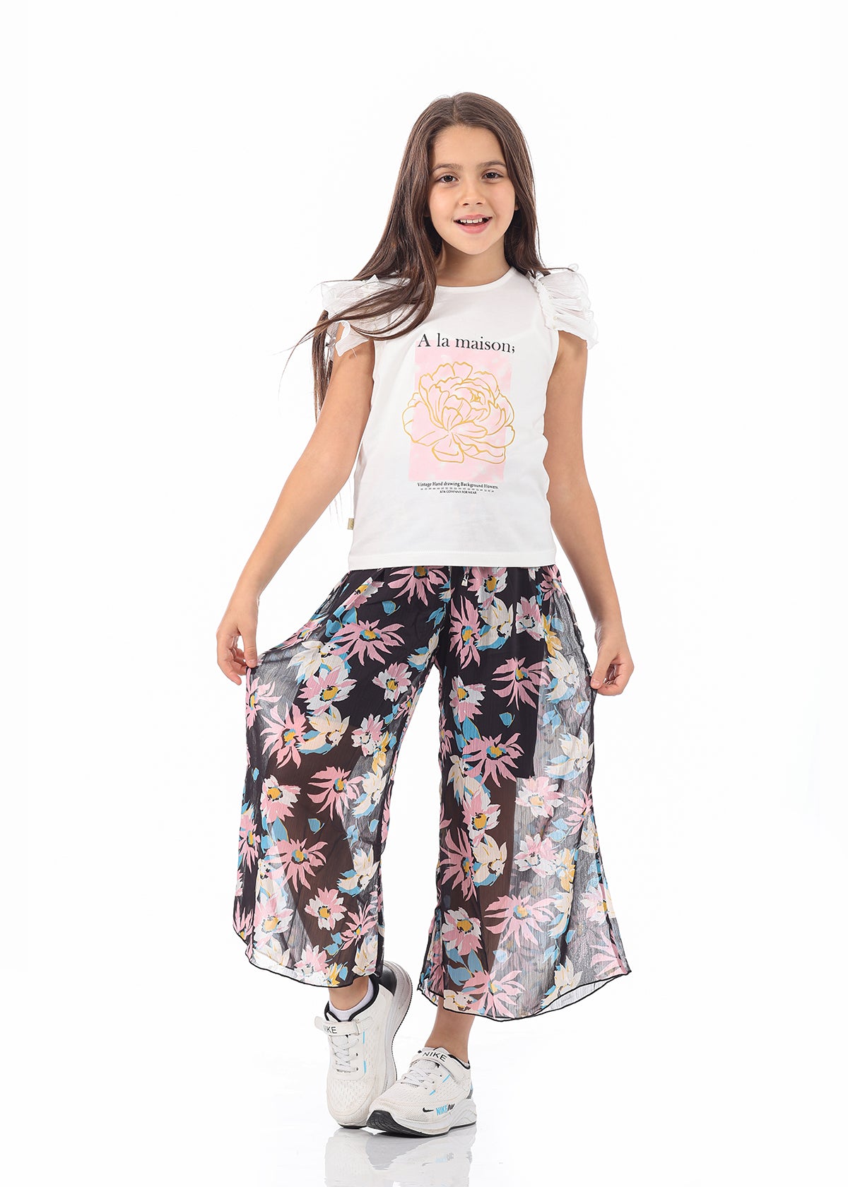 Casual Wide Leg Multi-Colors Florid Pants For Girls