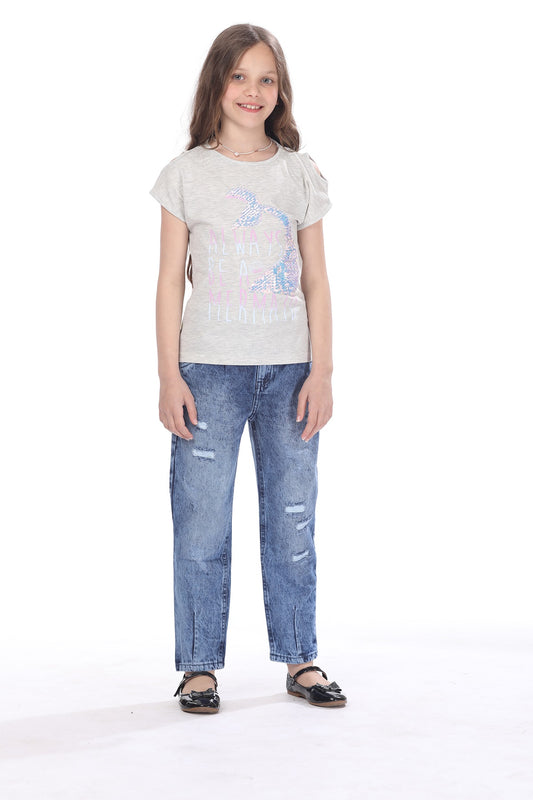 Gray Short Sleeve T-Shirt With Sequins For Girls