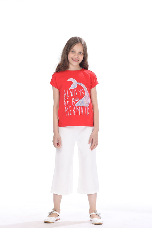Red Short Sleeve T-Shirt With Sequins For Girls