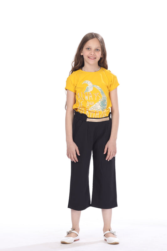 Yellow Short Sleeve T-Shirt With Sequins For Girls
