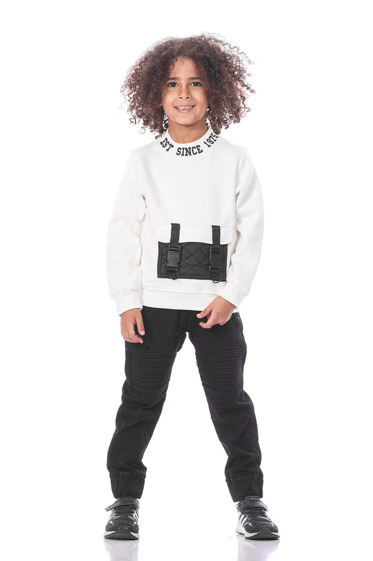 White Printed Sweatshirt With Pocket  For Boys