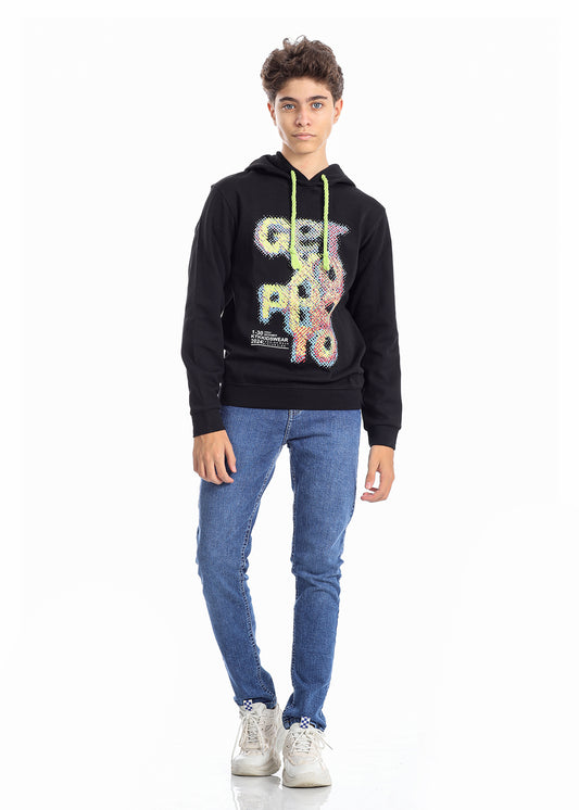 Black Hooded Sweatshirt With Print For Boys