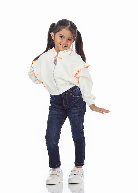 Hooded White Jacket with Pockets for Girls