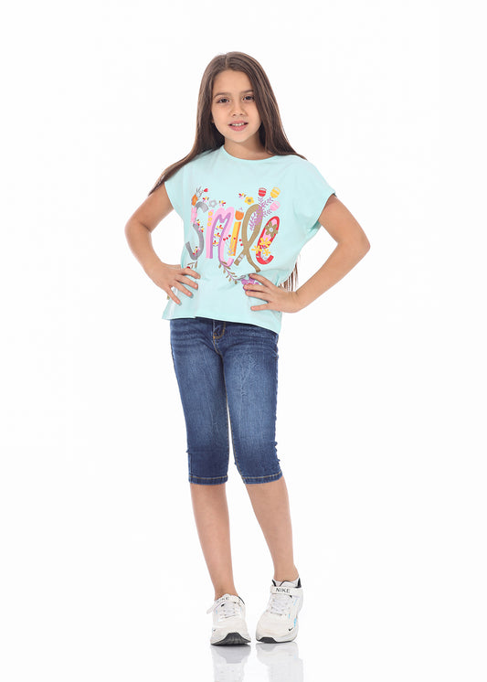 Turquoise Short Sleeve T-Shirt With Print For Girls