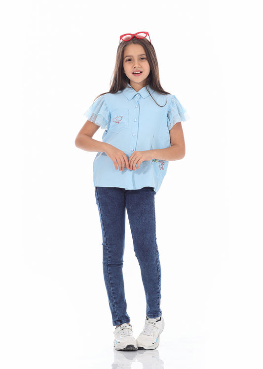 Light Blue Short Sleeves Shirt With Print For Girls