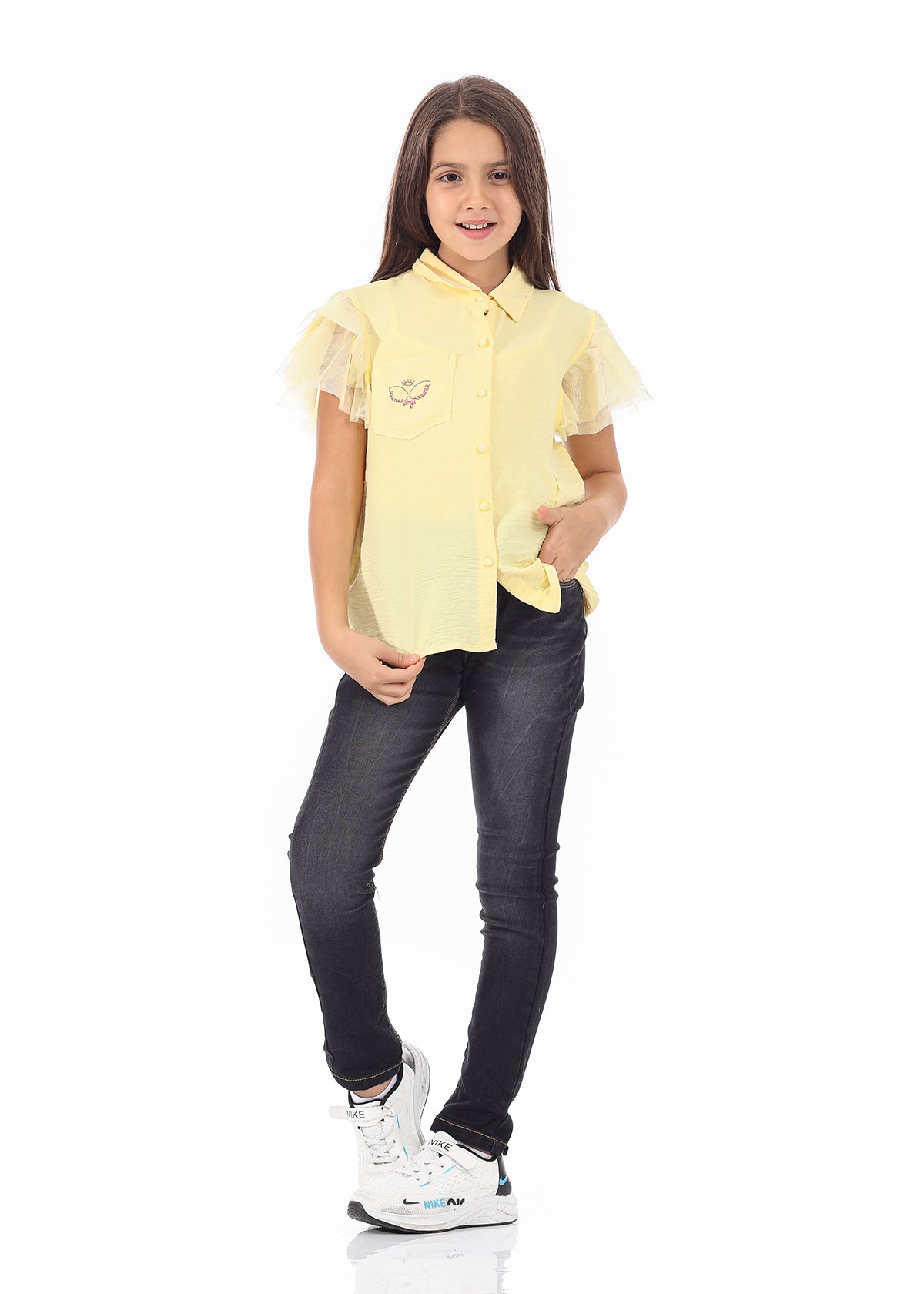 Yellow Short Sleeves Shirt With Print For Girls