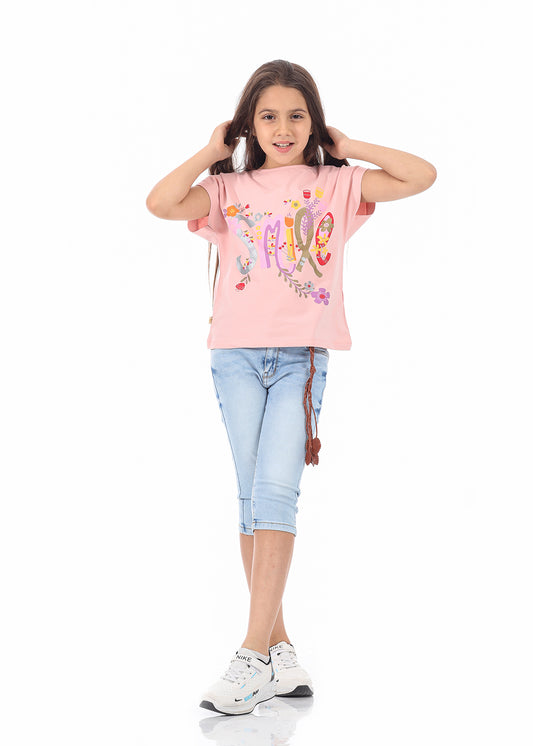 Pink Short Sleeve T-Shirt With Print For Girls