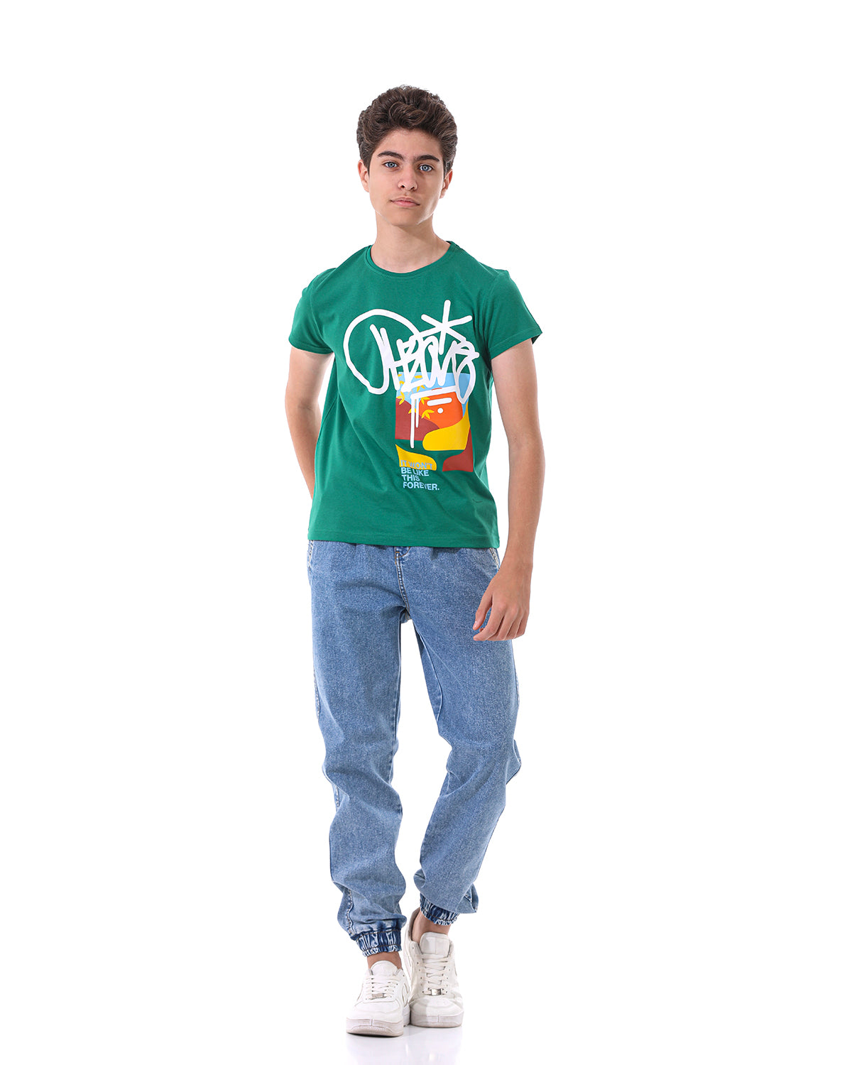 Green T-Shirt Short Sleeve With Print For Boys