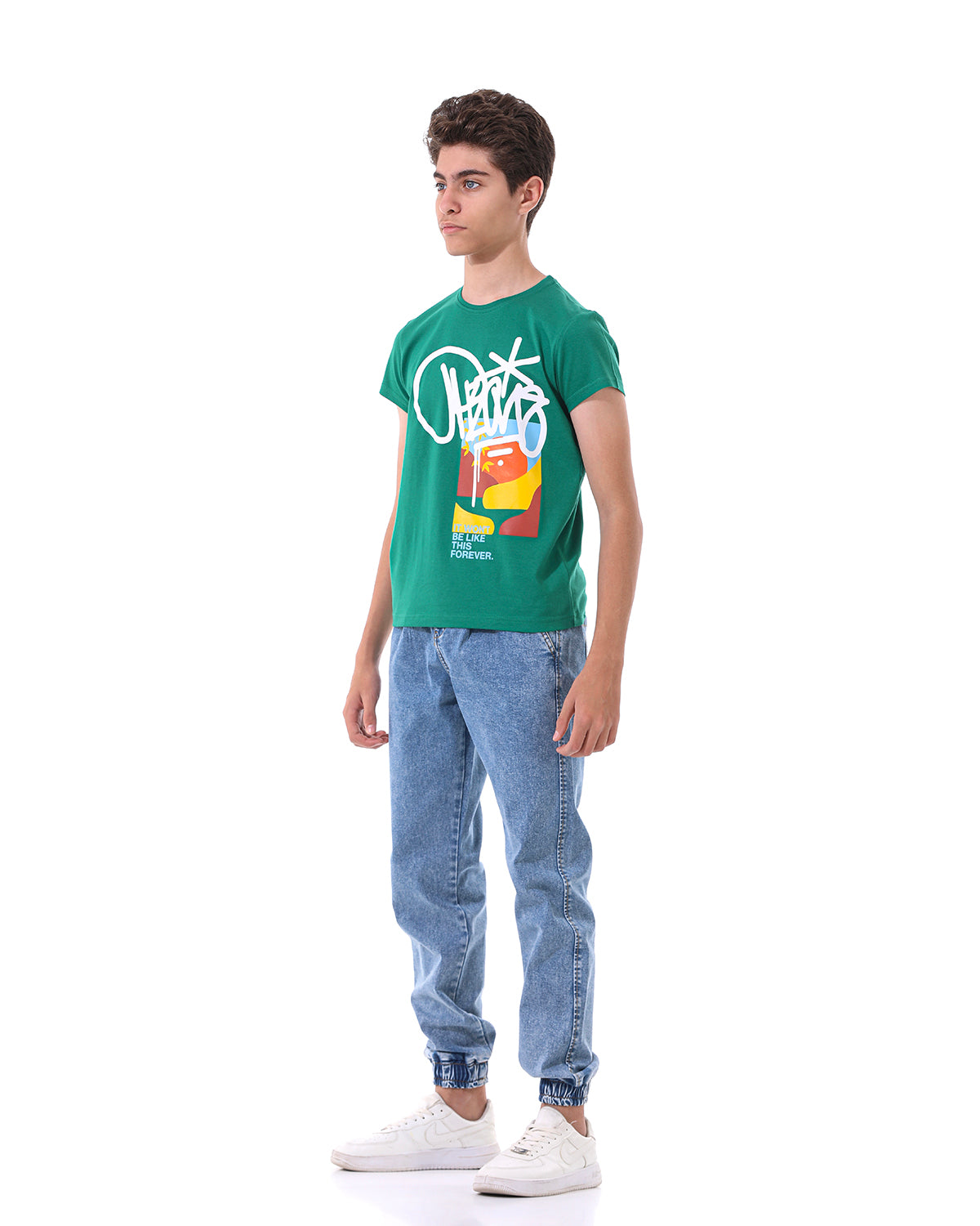 Green T-Shirt Short Sleeve With Print For Boys