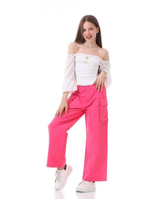 Fuchsia  Wide-leg Pants With Pocket For Girls
