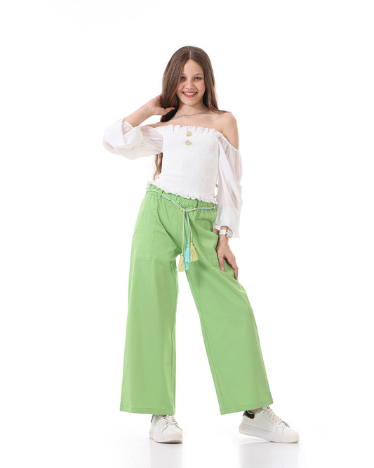 Green Wide-leg Pants With Belt For Girls