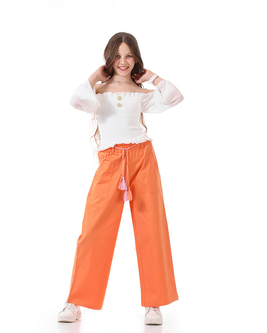 Orange Wide-leg Pants With Belt For Girls