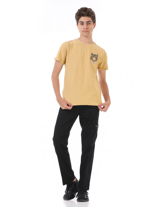 Beige T-Shirt Short Sleeve With Tiger Print For Boys