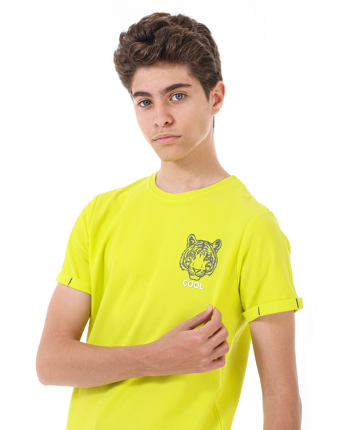 Yellow T-Shirt Short Sleeve With Tiger Print For Boys