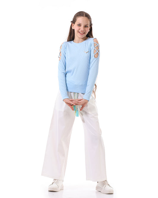 White Wide-leg Pants With Belt For Girls