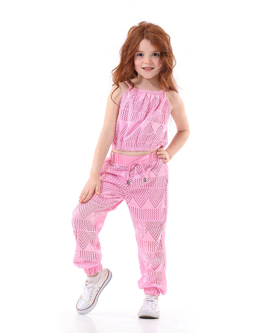Shoulder Casual Two Piece Pink Set For Girls