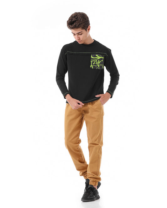 Casual Black Sweatshirt With Printed Pocket For Boys