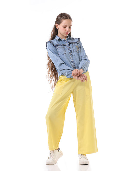 Yellow Wide-leg Pants With Belt For Girls