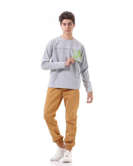 Casual Gray Sweatshirt With Printed Pocket For Boys
