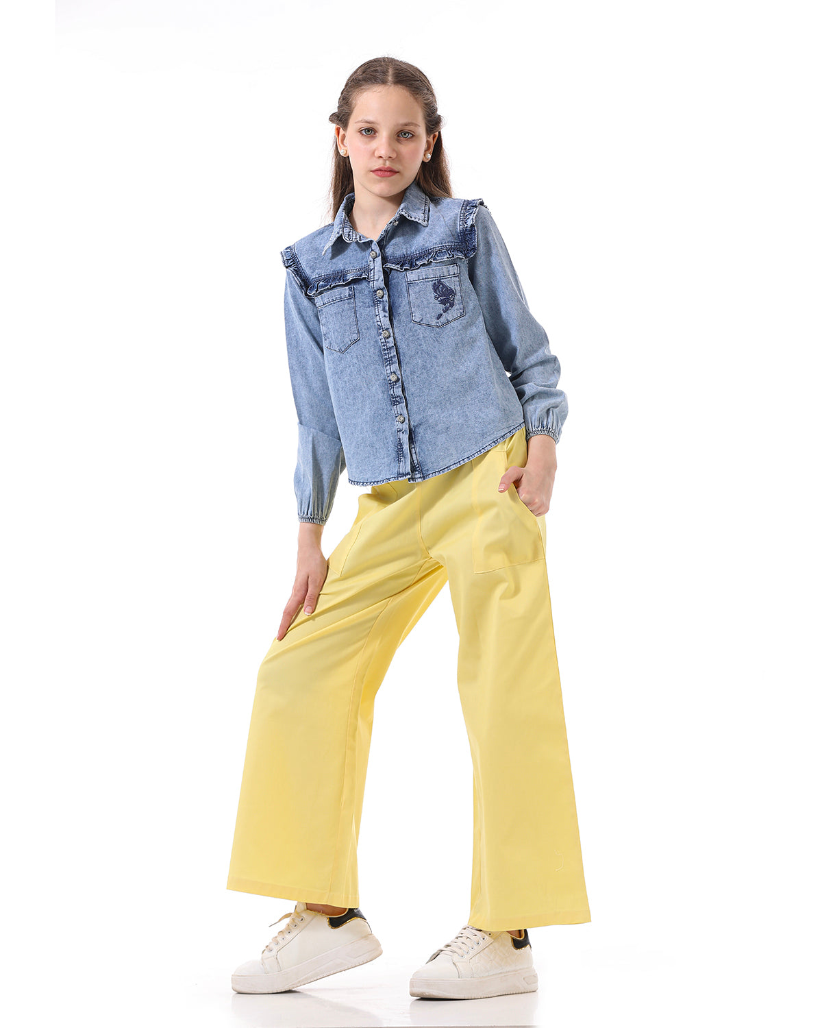 Casual Blue Jeans Shirt With Embroidery For Girls