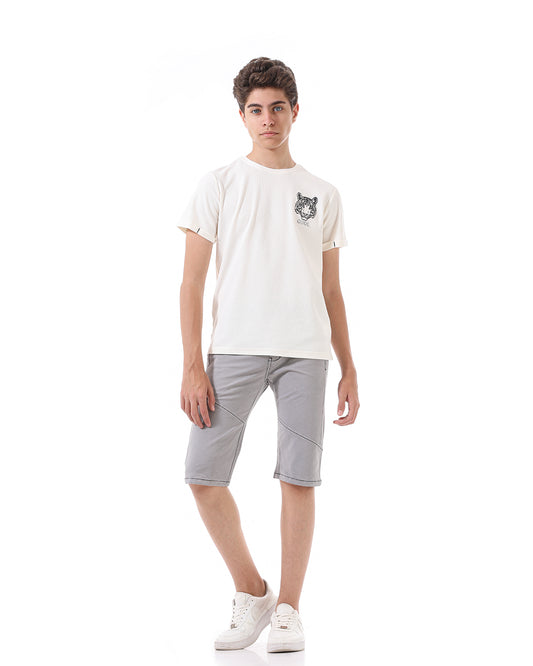 White T-Shirt Short Sleeve With Tiger Print For Boys