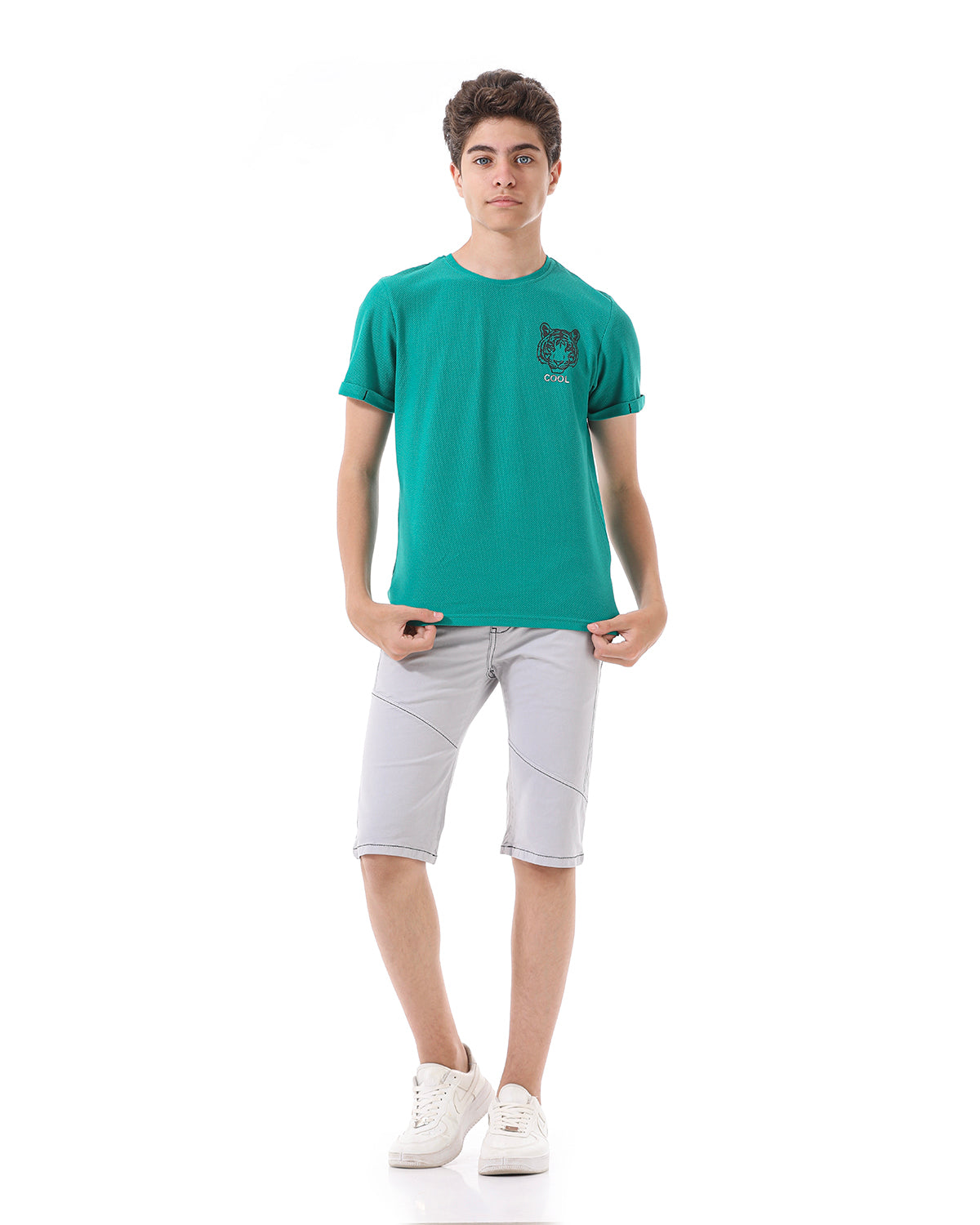 Green T-Shirt Short Sleeve With Tiger Print For Boys