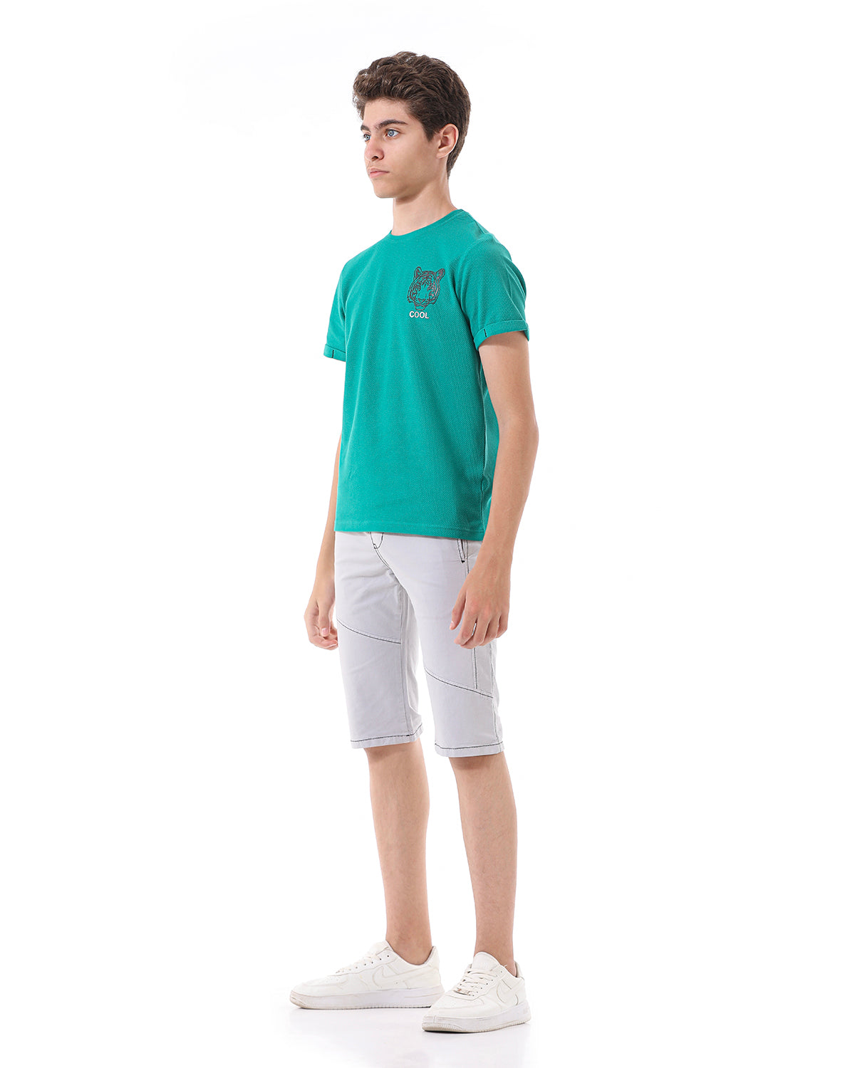 Green T-Shirt Short Sleeve With Tiger Print For Boys