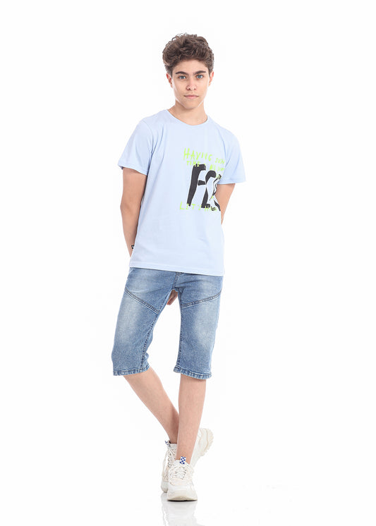 Light Blue T-Shirt Short Sleeve With Print For Boys