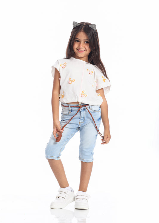 Casual White T-Shirt With Crab Print For Girls