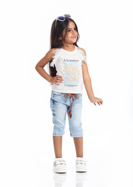 Casual White Sleeveless T-Shirt With Print For Girls