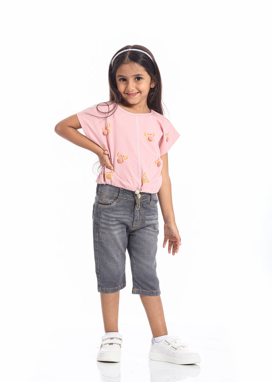 Casual Pink T-Shirt With Crab Print For Girls