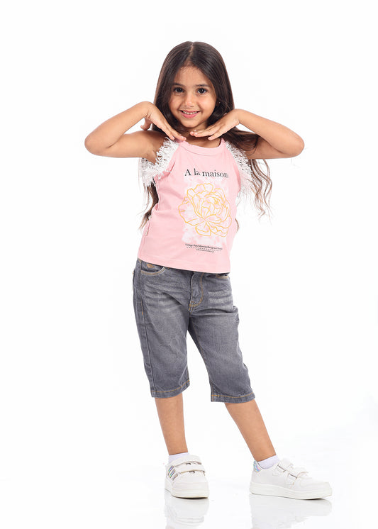 Casual Pink Sleeveless T-Shirt With Print For Girls