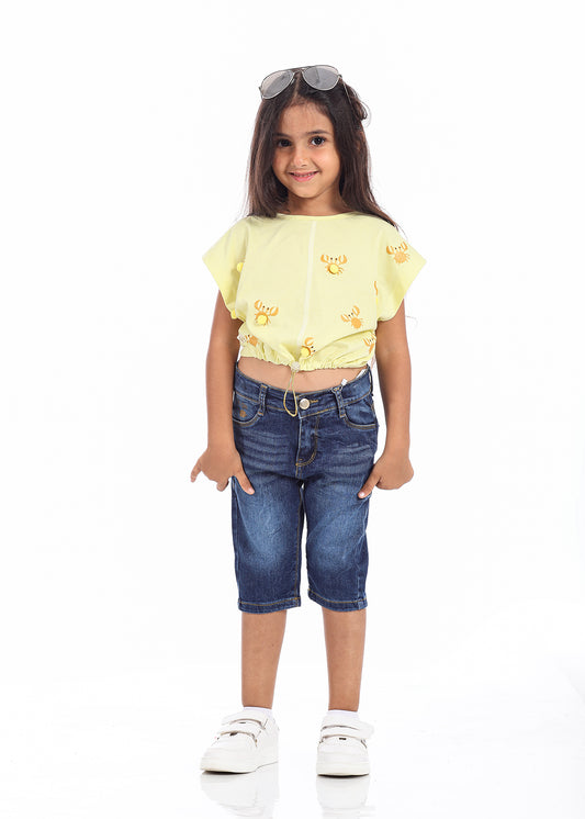 Casual Yellow T-Shirt With Crab Print For Girls