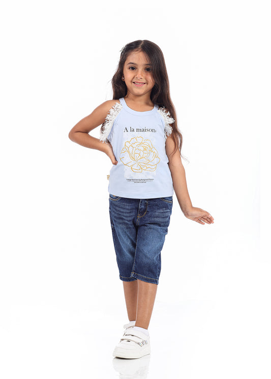 Casual Light Blue Sleeveless T-Shirt With Print For Girls