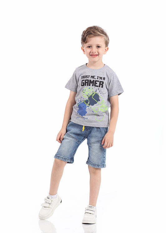 Gray T-Shirt Short Sleeve With Print For Boys