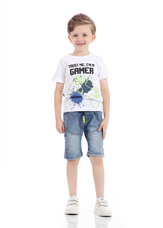 White T-Shirt Short Sleeve With Print For Boys