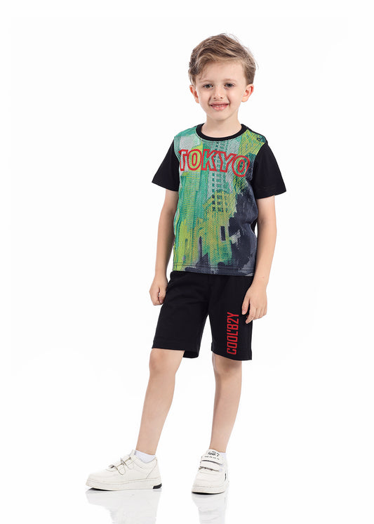Black Casual Boys Cotton Set With Green Print Details