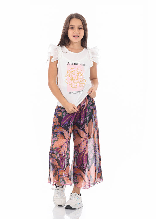 Casual Wide Leg Multi-Colors Florid Pants For Girls