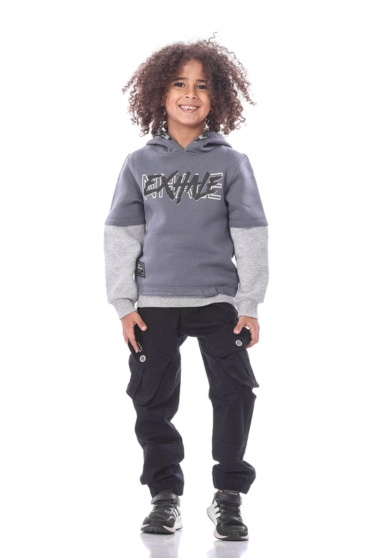 Dark Gray Hooded Sweatshirt With Print For Boys