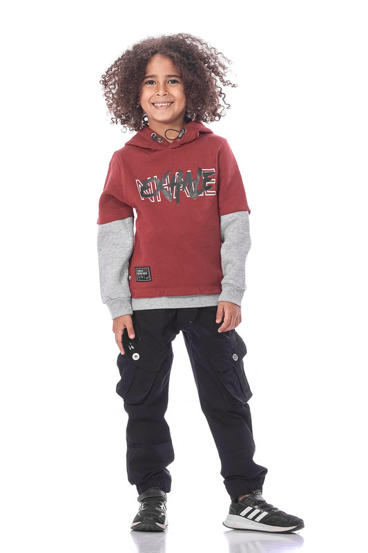 Dark Red Hooded Sweatshirt With Print For Boys