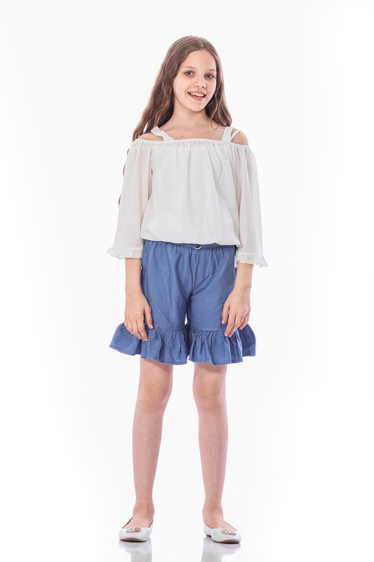 Blue Linen Short For Girls