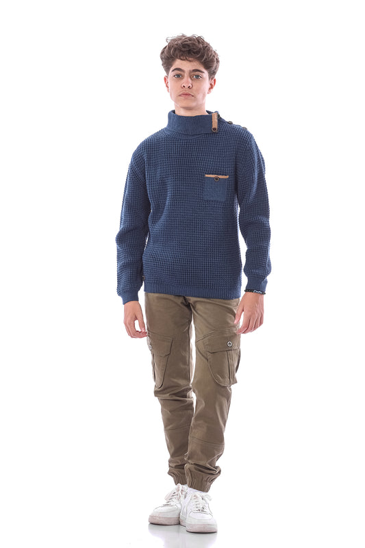 Navy Pullover With Neck Details For Boys