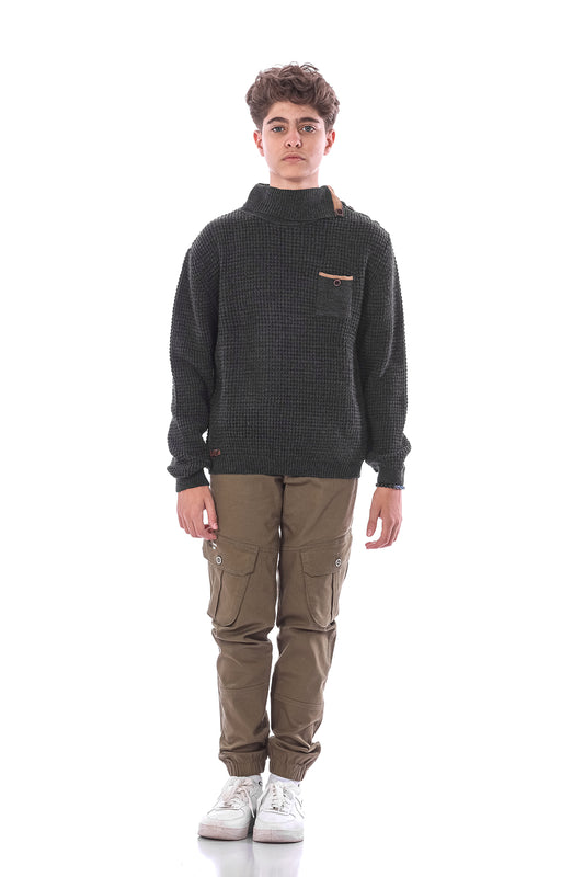 Dark Gray Pullover With Neck Details For Boys