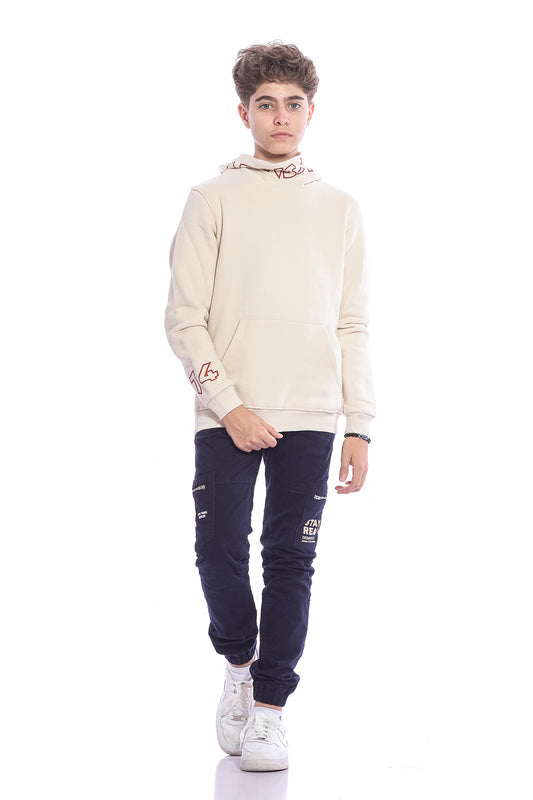 Beige Hooded Sweatshirt With Neck Print For Boys