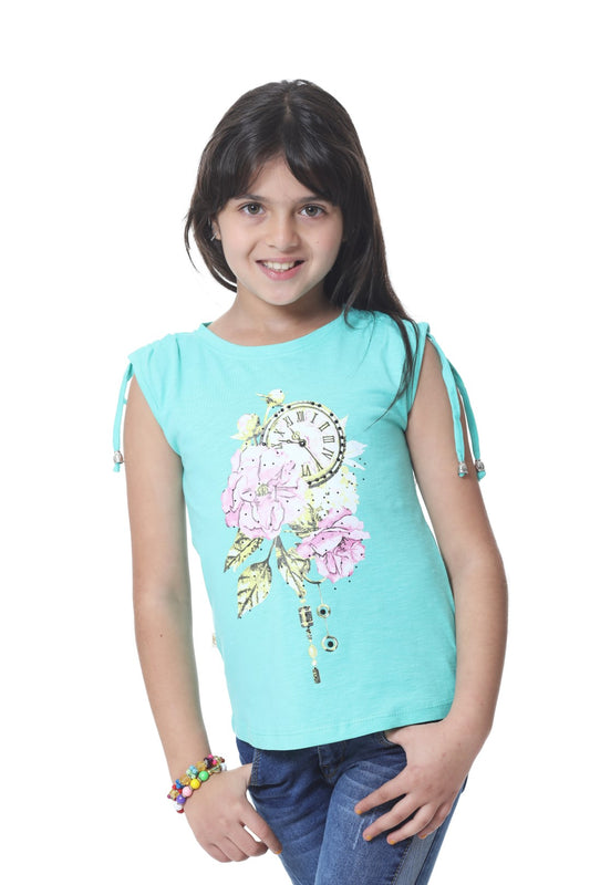 Turquoise T-Shirt with Flowers Print