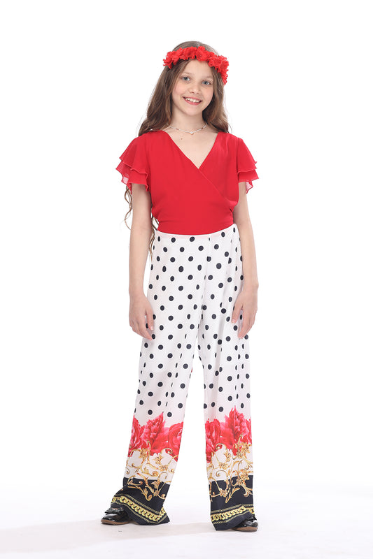 Red & White Jumpsuits with Dots For Girls