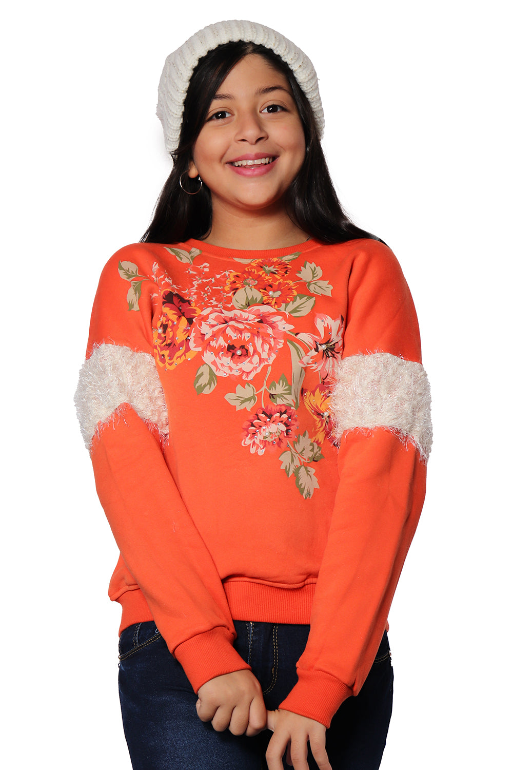 Orange Pullover with Flowers Print