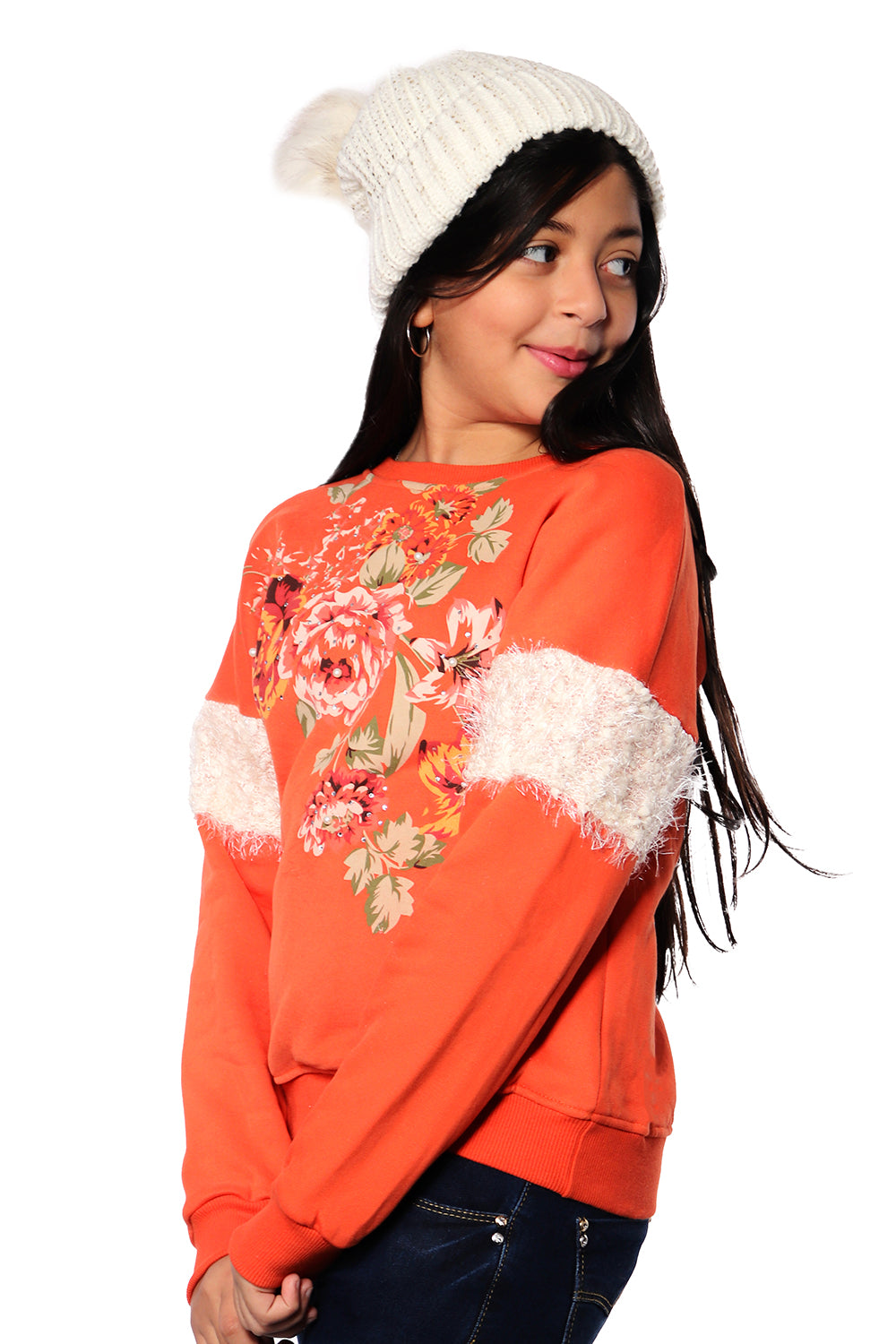 Orange Pullover with Flowers Print