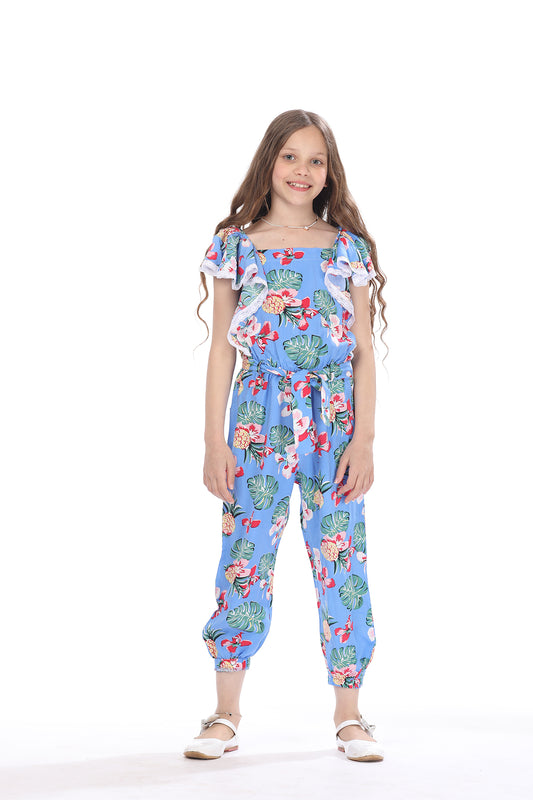 Blue Floral Jumpsuits with Pockets